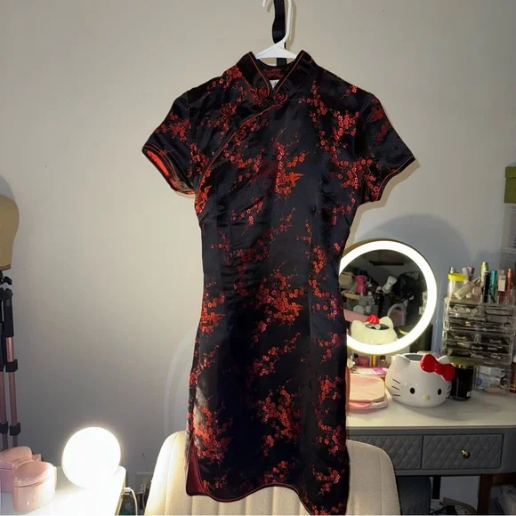 Chinese Mini Black and Red Floral Dress - Picture 2 of 12